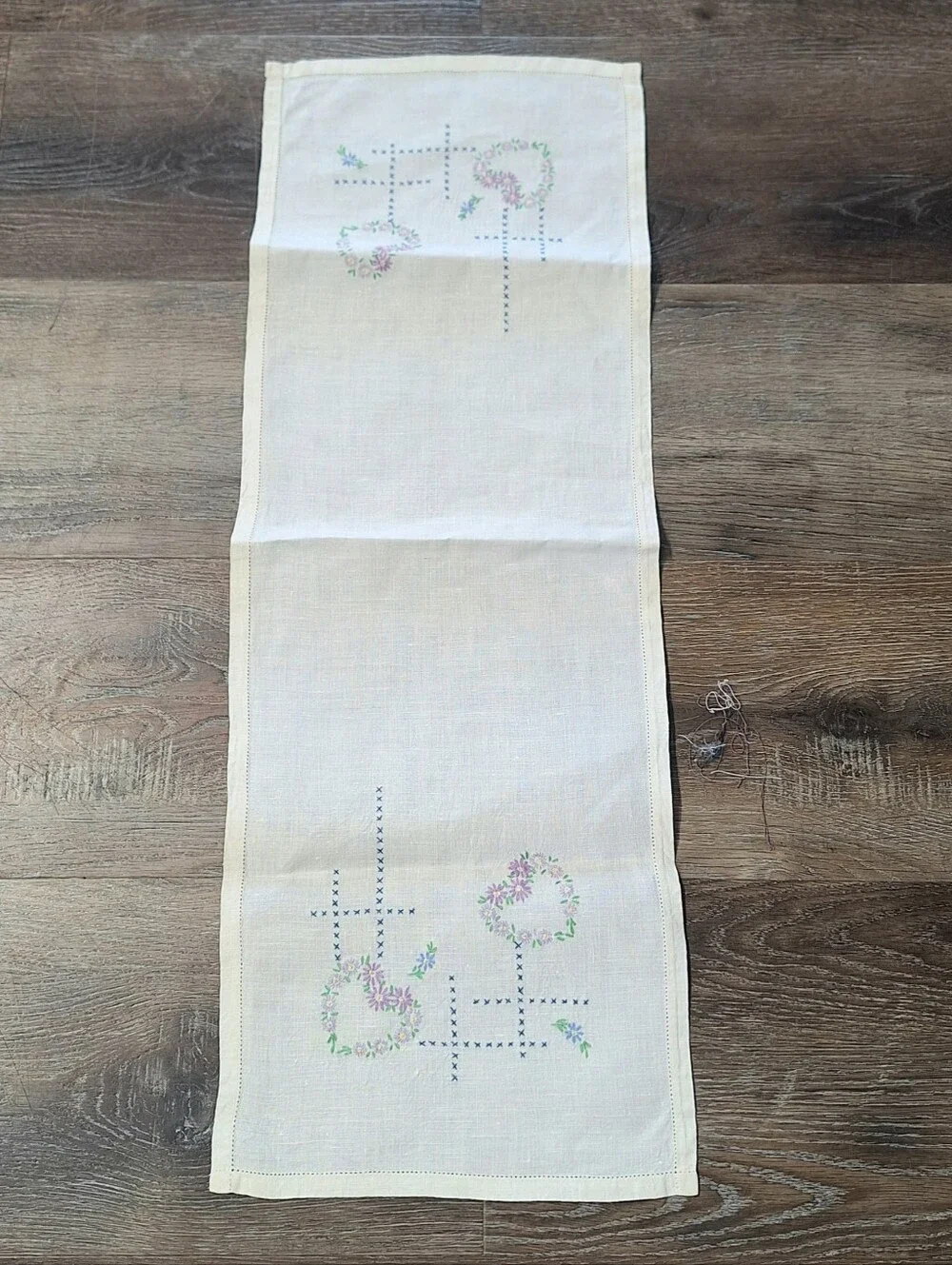 Vintage Embroidered Hearts & Flowers Linen Table Runner, 11.5
